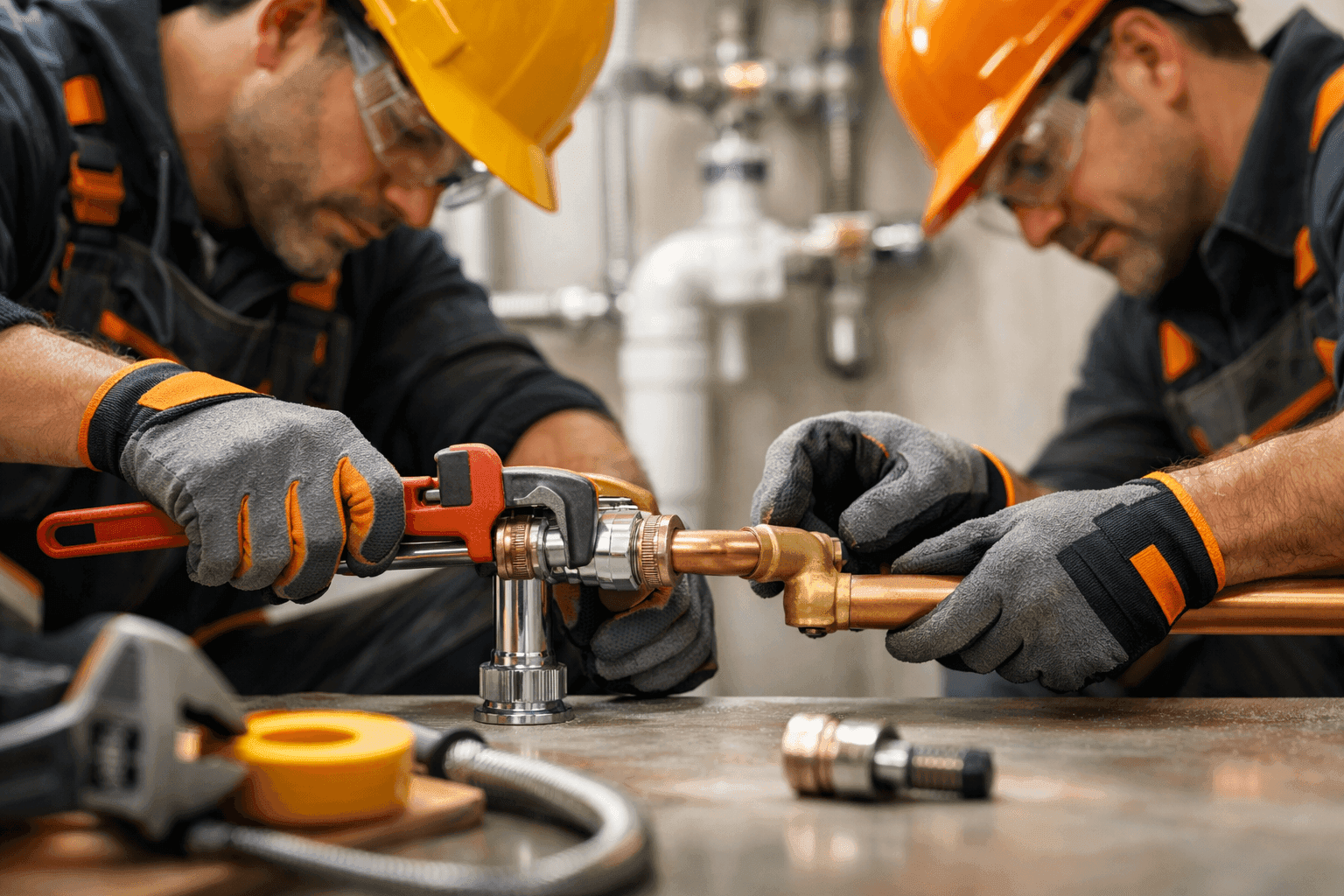 Two professional plumbers wearing gloves and helmets working on pipes indoors