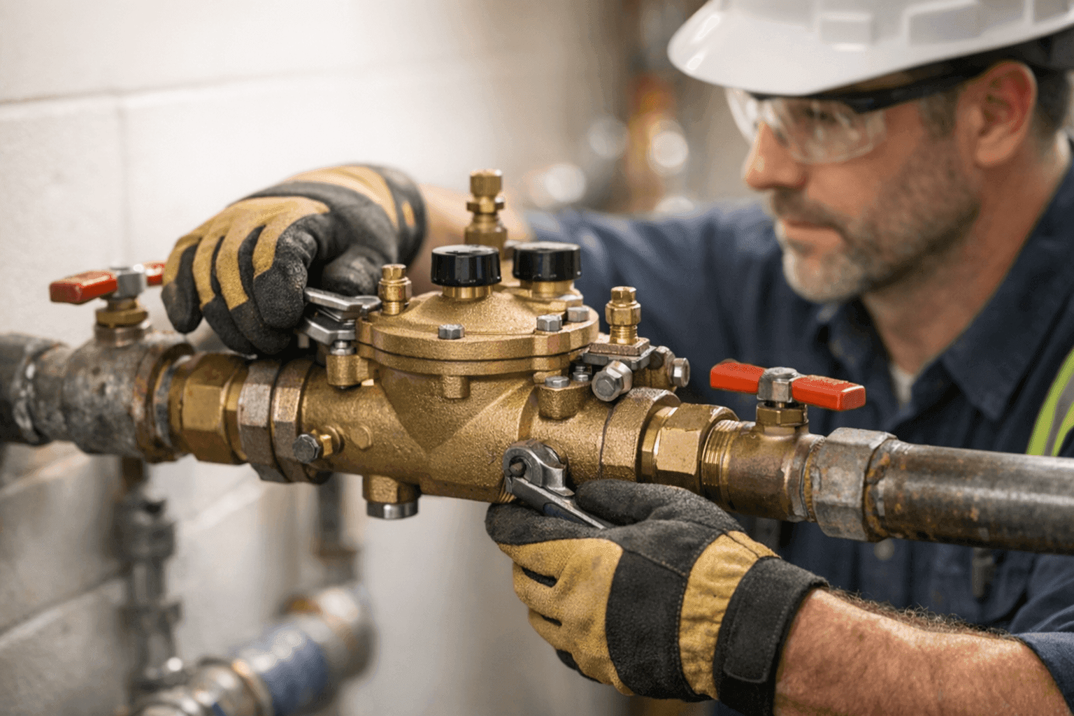 Plumber installing backflow prevention valve on main water line