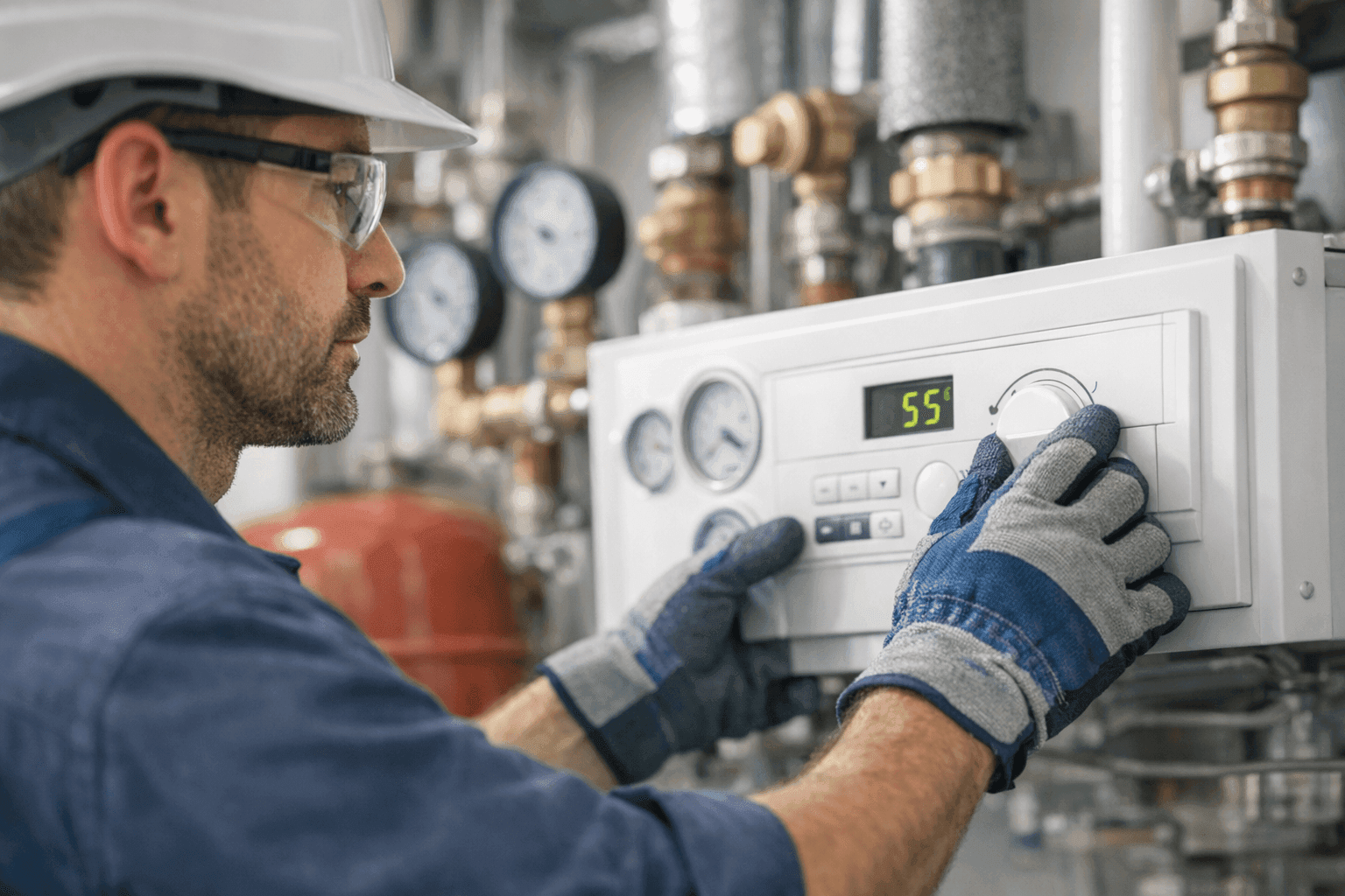 Plumber checking boiler controls in utility room