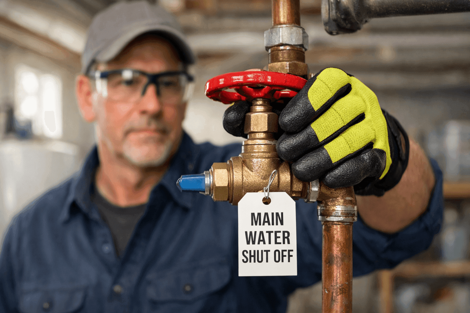 Homeowner shutting off main water valve during plumbing emergency