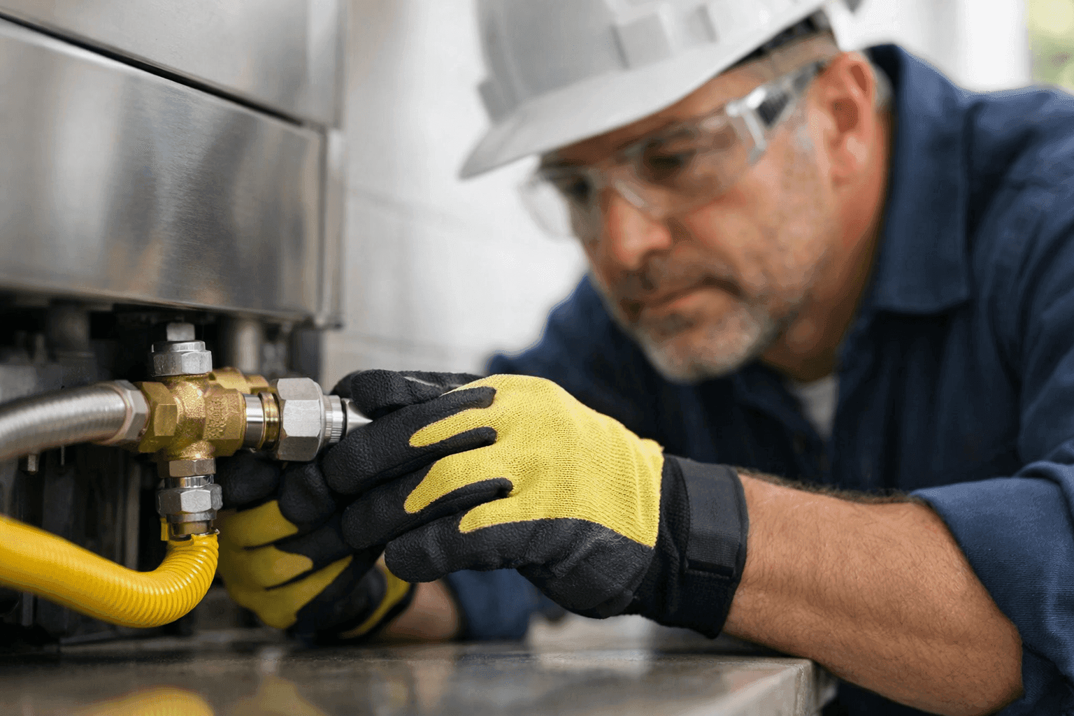 Professional plumber checking gas line connections with safety gear
