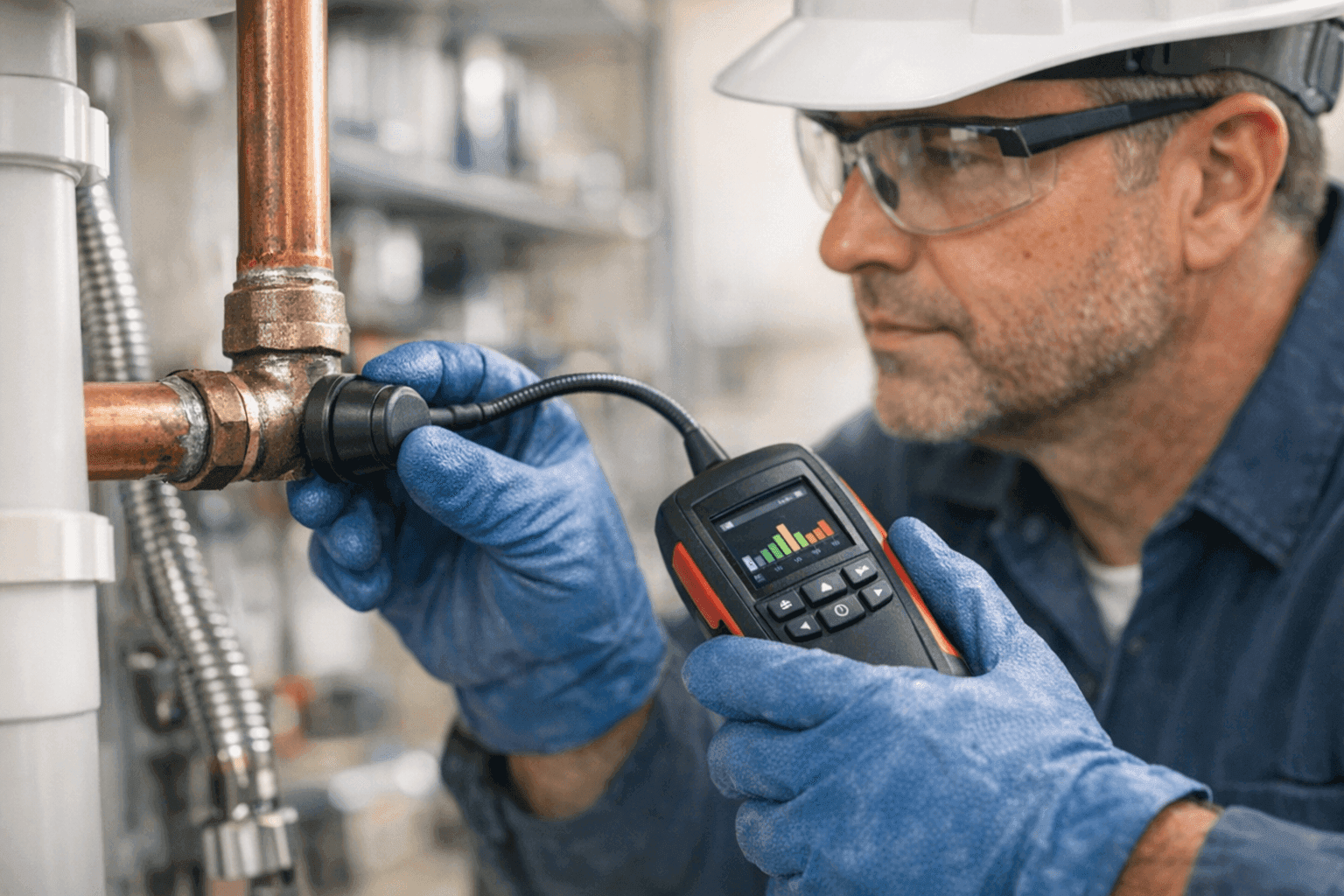 Plumber using electronic leak detector on pipe