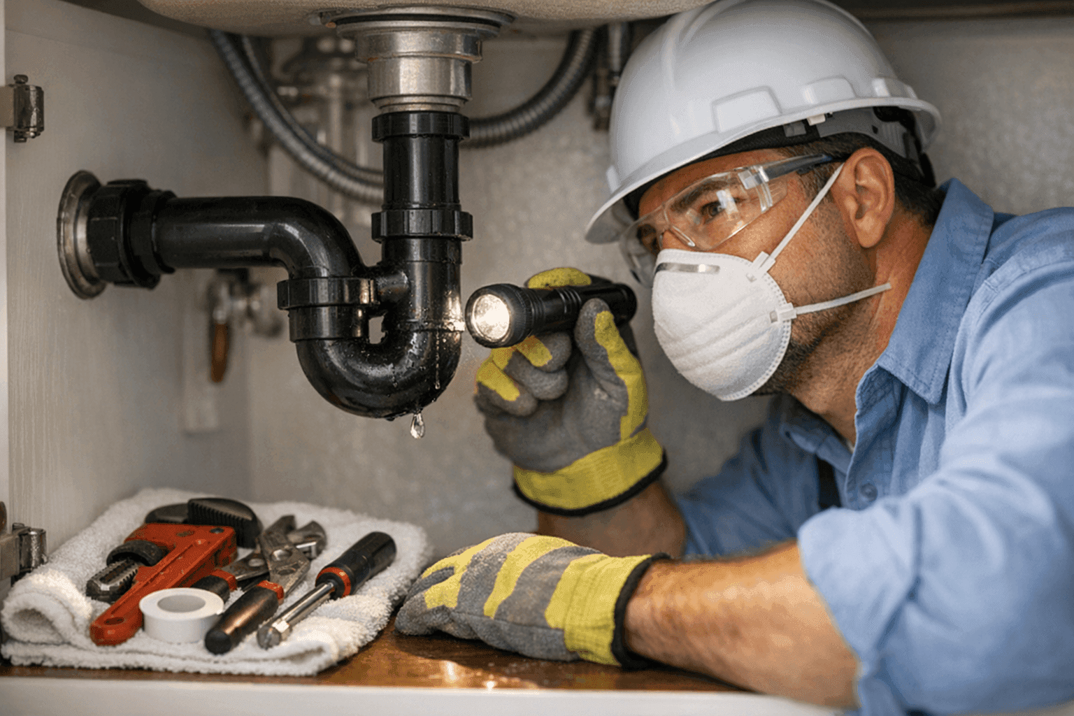 Plumber checking pipe under sink for water leak