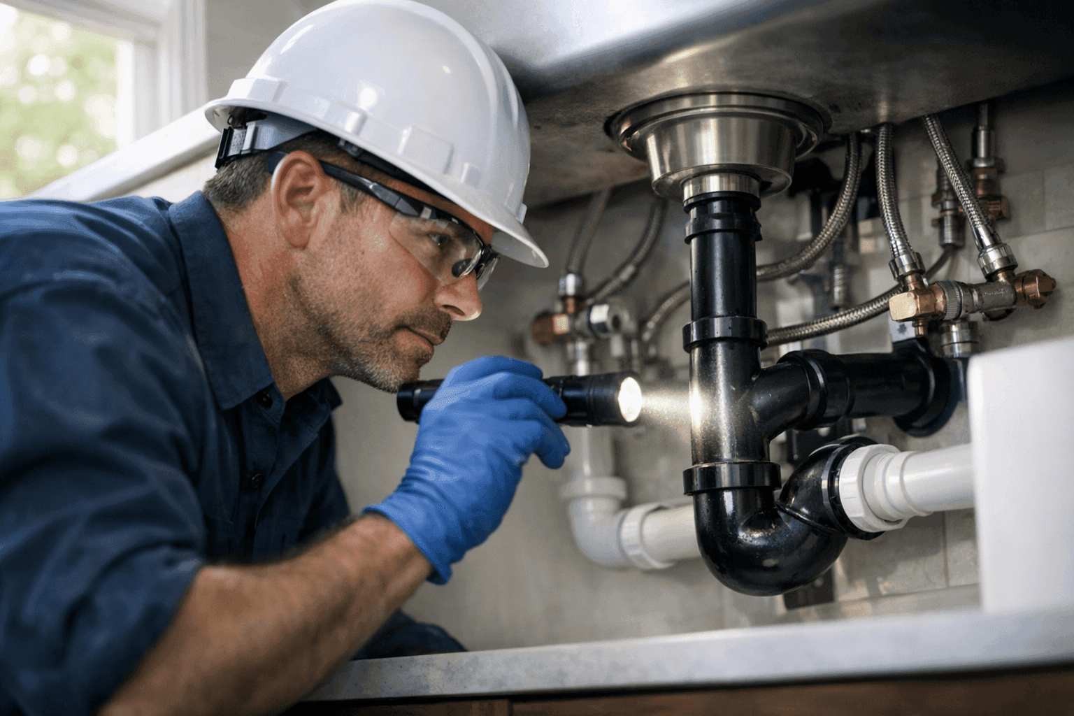 Plumber inspecting pipes under kitchen sink for leaks