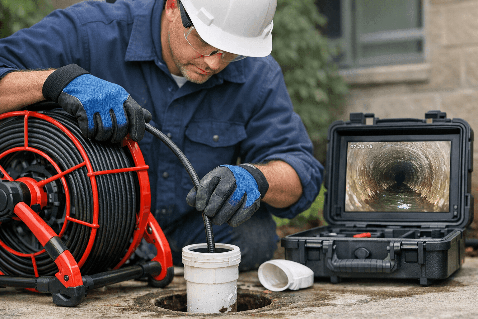 Plumber using sewer camera for pipe inspection