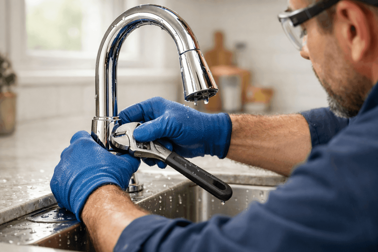 Plumber fixing leaking kitchen sink faucet