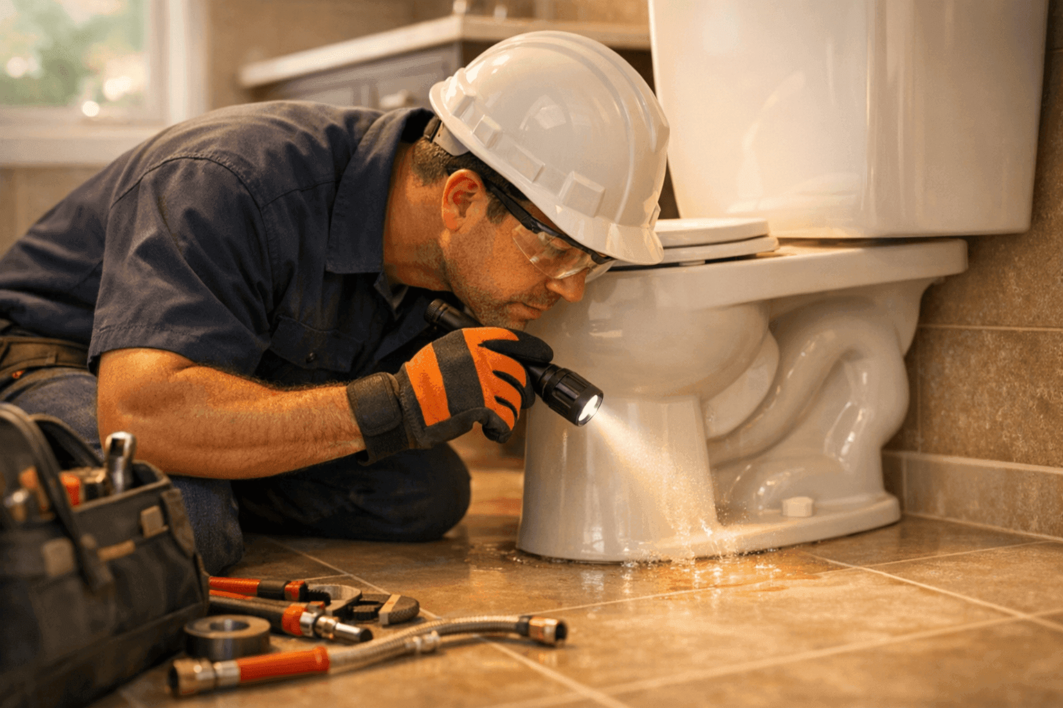 Plumber examining leaking toilet base in bathroom