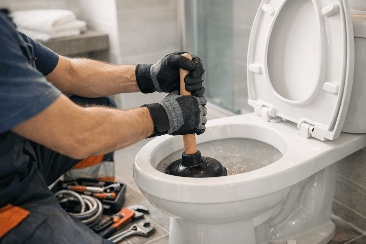 Plumber unclogging a toilet with a plunger in a clean bathroom