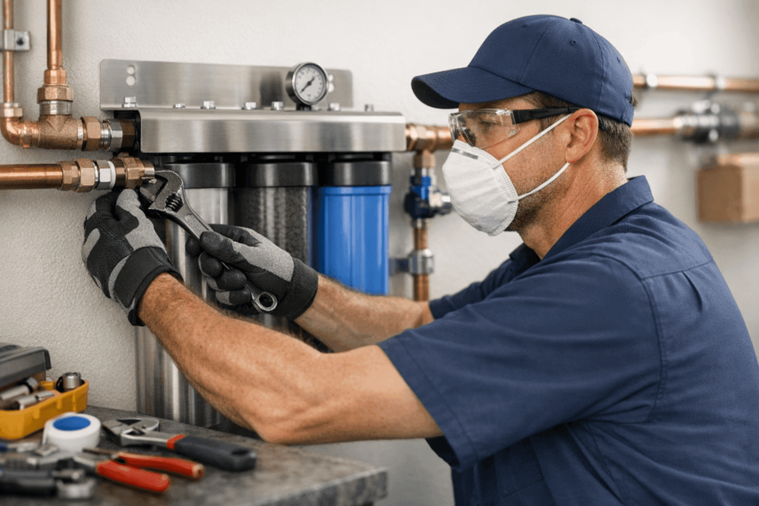 Plumber installing whole house water filtration system