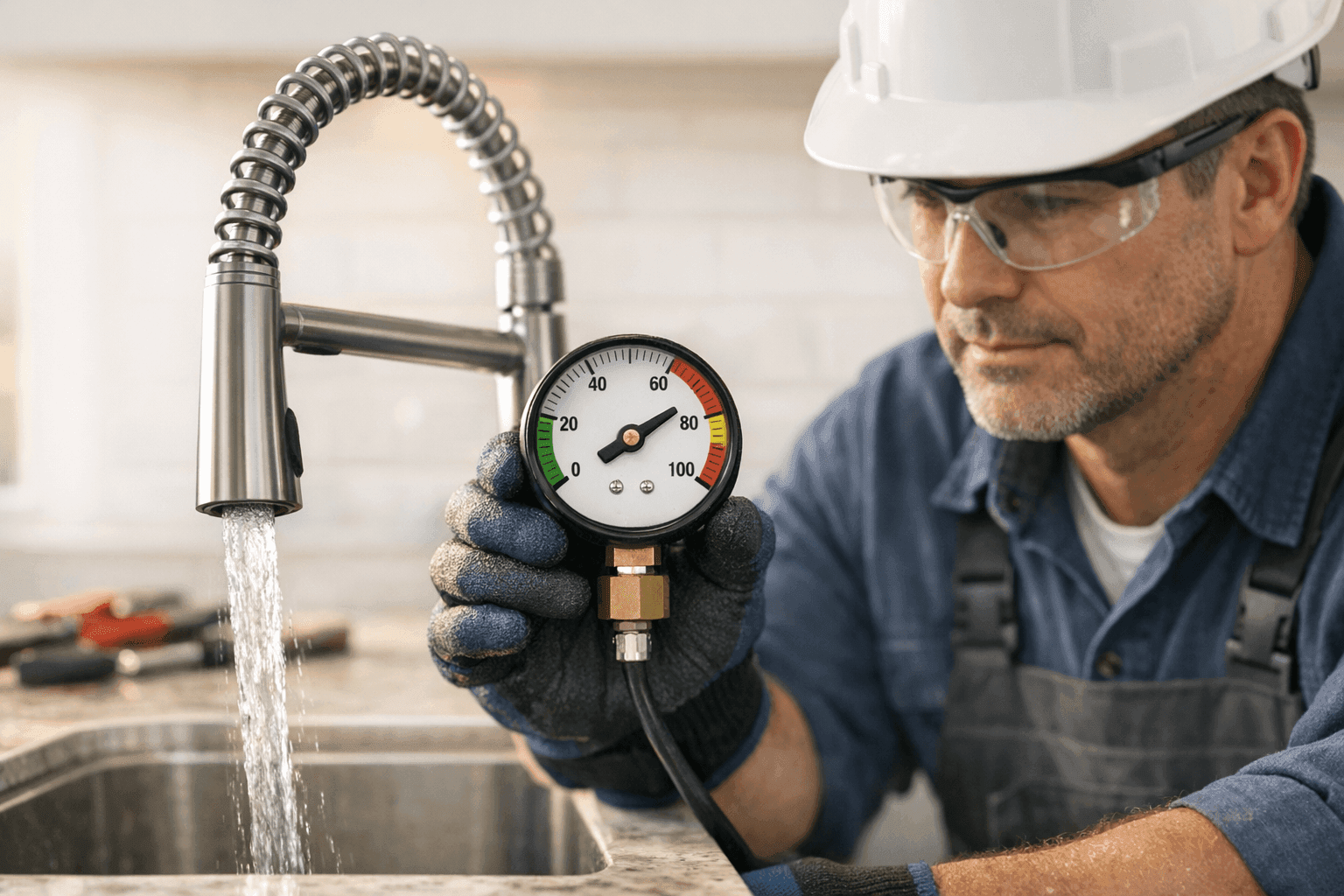 Plumber checking water pressure with gauge at kitchen faucet